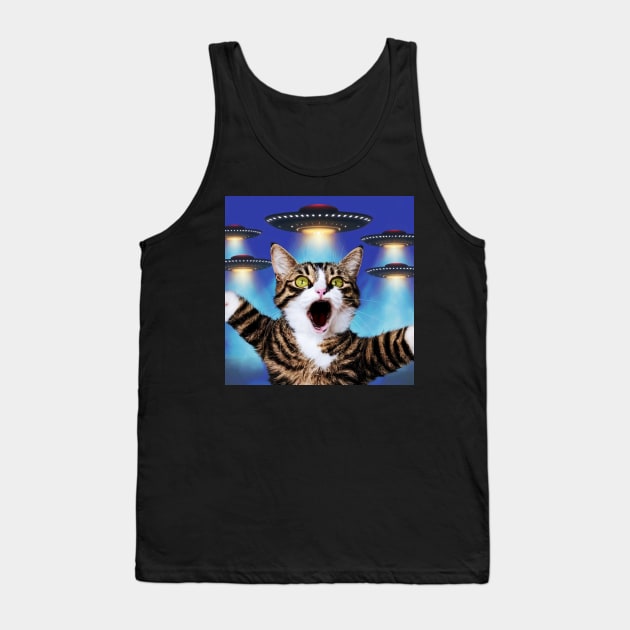 Selfie of Funny Cat And Aliens UFOs 3 Tank Top by Megadorim